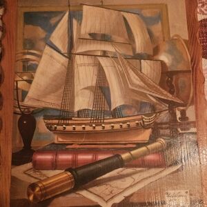 Vintage 1958 Charles Cerny Nautical Model Ship Print on Wood